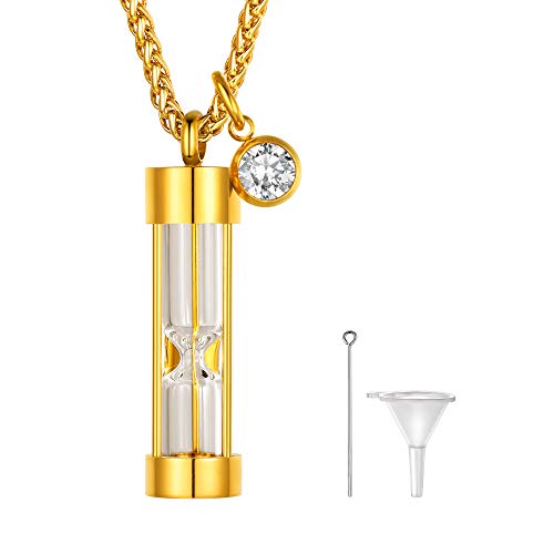 Gold Hourglass Cremation Necklace Birthstone Urn Pendant with Chain 22 Inch 18K Gold Plated Stainless Steel Memory Jewelry with Gift Box