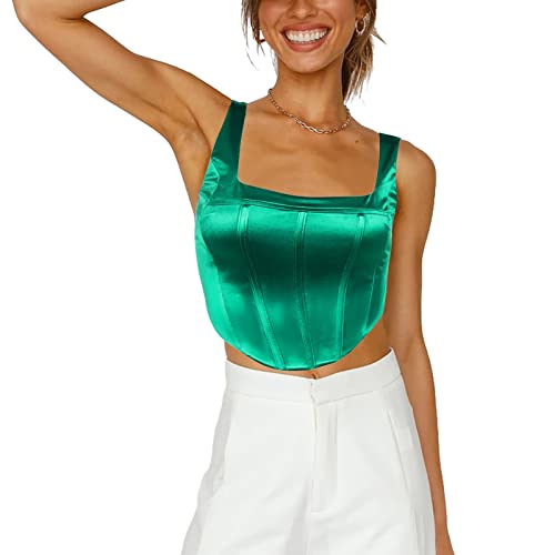 Effeltch Womens Corset Vest Satin Bustiers Cami Square Neck Sleeveless Cute Zip Back Y2K Outfits Clubwear Party Crop Tank Top (Small, Green) #TOP2