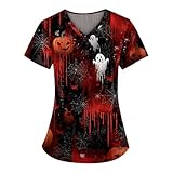Women Scrubs Sets Halloween Business Oversized Scrub for Ladies Cute Short Sleeve Fit Pumpkin for Women V Red XL