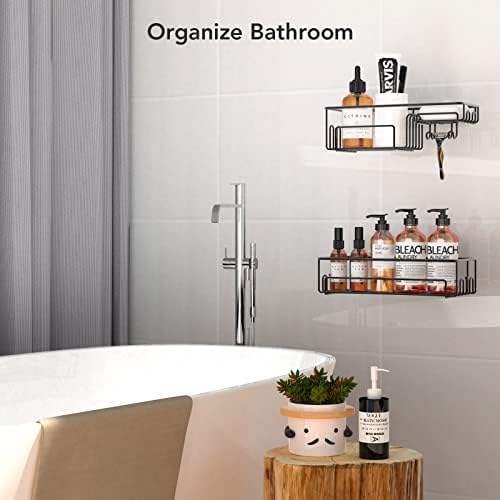 Shower Caddy, Cosicosy Shower Shelf Hanging with Soap Dish Bathroom Storage Shelves Adhesive Bathroom Shelf No Drilling with 12 Hooks for Hanging Razor and Towels Kitchen Rack Black- 2 Pack
