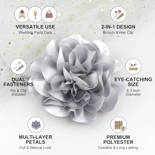 Image of 6.3 inch Large Rose Flower Brooches and Pins for Women - Flower Brooch, Hair Clips for Women & Rose Hair Clip | Fashion Accessories for Dresses, Hats, Clothes & Lapel Wear - Silver Grey