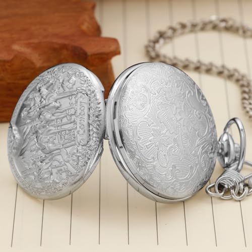 Image of Tiong Vintage Pocket Watch Engraved Cowboy Skull Wolf 3D Pattern Arabic Numerals Quartz Pocket Watch with Chain Best Gifts