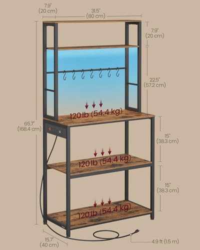 Image of VASAGLE Coffee Bar with LED Lights, Kitchen Bakers Rack with Power Outlet, Microwave Stand with Adjustable Shelves, 8 Hooks, 15.7 x 31.5 x 65.7 Inches, Rustic Brown and Matte Black UKKS050K01