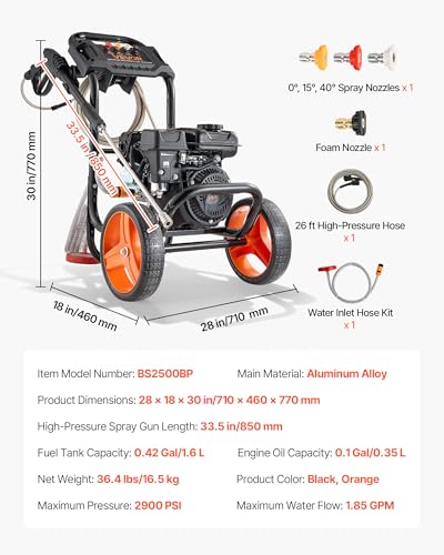 Image of VEVOR Gas Pressure Washer 2900 PSI and 1.85 Max GPM, Upgrade Aluminum Pump with Spray Gun and Wand, 4 Nozzle Set, Low Profile Power Washer for Cars, Fences, Driveways, Homes, Patios, Furniture