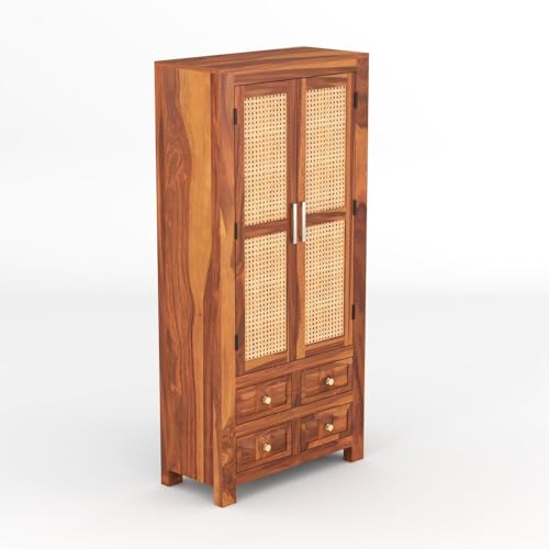 Image of PS DECOR Solid Sheesham Wood Bookshelf Cabinet with Cane Rattan Doors & 4 Drawers | Wooden Book Storage Unit for Home Library, Living Room & Office | Double Door Bookcase Organizer (Honey Finish)