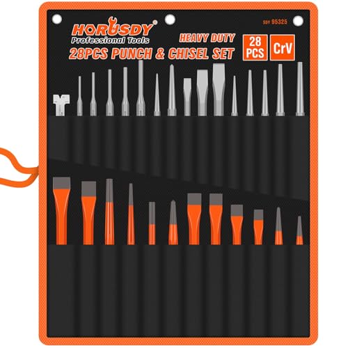 HORUSDY 28-Piece Punch Pin Set, Heavy Duty Punch and Chisel Set, Including Taper Punch, Cold Chisels, Pin Punch, Center Punch