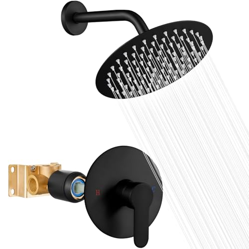 Heyalan Shower Faucet Set with Valve, Bathroom Shower System, Wall Mount Single Handle Shower Trim Kit, Fixed Rainfall Shower Head, 8-Inch Round Shower Head, Matte Black by Heyalan - Used condition - US$33.74