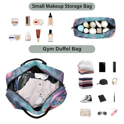 Fox Travel Gym Bag, Fox Mushrooms Illustration Weekender Overnight Duffle for Women with Toiletry Bag Travel Swim4