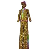 Earthradius Sequins Mirror Costume Stilt Walker LED Robot Costume DJ Party Performance Show Dance Party Costume Red Gold (Gold LED, XL)