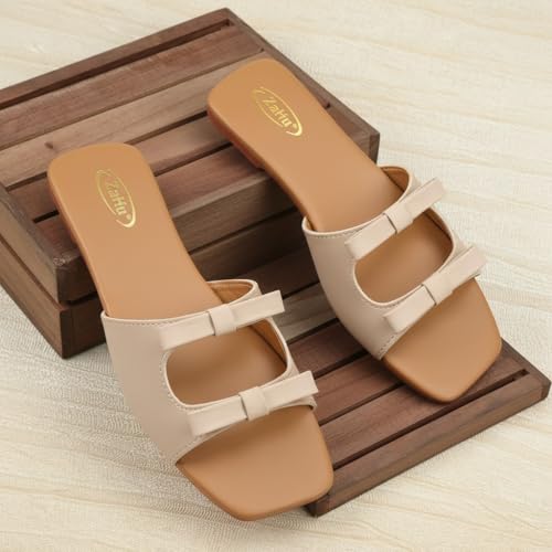 Image of ZaHu Women's Flat Slide Sandals Faux Leather Beige Double Bow Square Toe Slip On Casual Dressy Summer Footwear Comfortable Lightweight Durable for Travel Beach Party Office Gifting Modern Minimalist Open Toe Low Heel Soft Cushioned Insole Non Slip Sole Easy Care Stylish Versatile Vacation Wedding Brunch Shopping Work Women