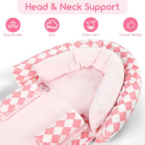 Image of GFU Baby Car Seat Head Support for Newborn, 2 in 1 Infant Car Seat Head Body Support with Strap Pads, Soft Stroller Cushion Pillow Insert for Girls, Fits for Stroller, Swing, Pink Diamond