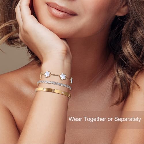 YOUNGGRACE 18K Gold Plated Bracelet Sets for Women - 3PCS Stackable Bracelets Including Bangle, Tennis Chain & Four Leaf Clover Bracelet, Elegant Gold Jewelry Set for Everyday Wear, Gift for Her - Image 3