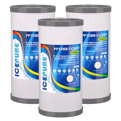 Image of ICEPURE 5 Micron 10 inch x 4.5 inch Whole House Sediment Activated Carbon and KDF Water Filter Compatible with GE FXHTC, GXWH40L, RFC-BBSA W50PEHD Whirlpool WHKF-GD25BB GXWH35F GNWH38S Dupont WFHD13001, 3PACK