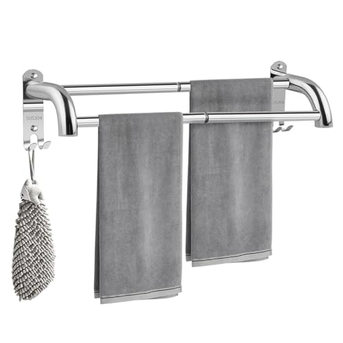 Focenat Barra de Toalla de Baño Extensible 43-75 cm Acero Inoxidable 304, Toalleros de Baño sin Taladro, Toalleros Dobles Acero Inoxidable, Montaje en Pared, para Baño y Cocina (Plata, 2 Barras)