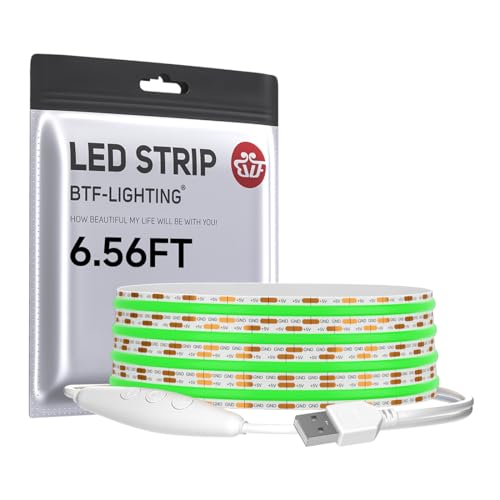 BTF-LIGHTING Regulable USB FCOB COB Verde Tira LED 2M 640LEDs Alta Densidad 5V Flexible Cinta LED Ultra Brillante CRI90+ para Retroiluminación TV Sala de Estar, Cocina, PC Gaming, Decoración DIY