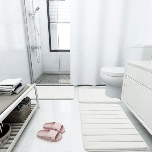 Image of Buganda Memory Foam 3 Pieces Bathroom Rugs Set - Thick Soft Absorbent Non-Slip Bath Mats, Washable Small /Large /Contour Bath Rugs, Ivory