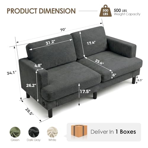 Image of 70 inch Loveseat Sofa, 2-Seater Bedroom Couches with USB, Deep Seat, Dark Grey | Upgrade Upholstered Love Seat Sleeper Sofa, Corduroy Small Couch for Bedroom, Apartment, Office