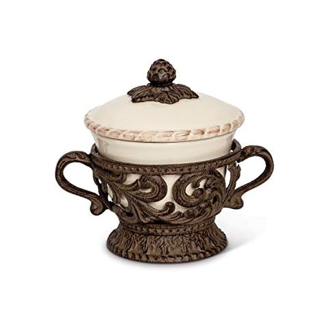 GG Collection Cream Ceramic Bowl and Lid with Detailed Ornate Acanthus Leaf Motif Base Cover