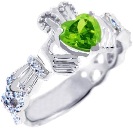 10k White Gold Claddagh August Birthstone Ring With Green CZ Stone and Natural Diamonds