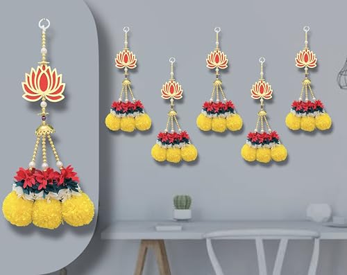 Image of Rajasthan Kraft Handmade Pack of 5 Marigold Hanging with Beads Gajra Bell Bowl Artificial Flower Door & Wall Decor for Makar Sankranti, Lohri, Wedding & Festive Home Decoration 15 x 3 Inch (RK-H150-5)