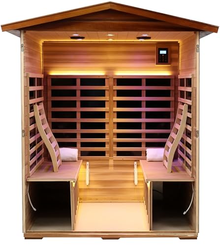Image of Outdoor Red Cedar Sauna 4 Person Far Infrared Sauna, Red Cedar, Withstand Outdoor Temp -10℉-149℉| Low EMF Sauna Room for Home-12 Low EMF Boards-Chromotherapy-Bluetooth Speakers (68.1*52.4*82.7 inch)