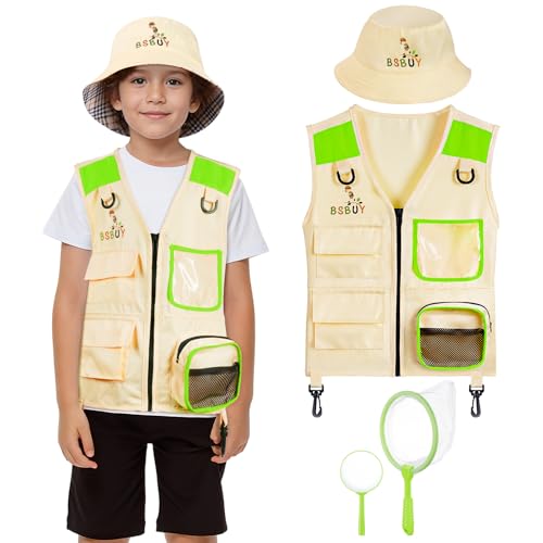 BSBUY Forscherset für Kinder 4Pcs Exploration Spielzeug mit Frachtweste Hut Insektennetz und Lupe Outdoor Spielzeug für Natur Erforschen Camping Forscher Safari Entdecker Set Jungen Mädchen Grasgrün