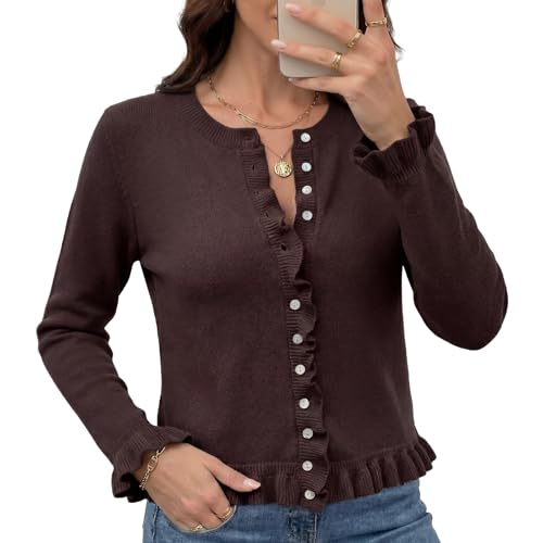 Simlakey Womens Cropped Cardigan Sweaters Ruffle Hem Crew Neck Button