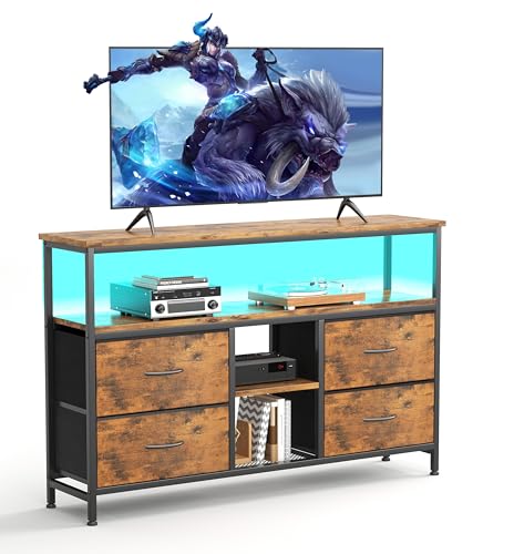 MUTUN TV Schrank mit LED-Beleuchtung, Lowboard für Fernseher mit 4 Stoffschubladen,V-Board und Fernsehtisch, vielseitiger Fernsehschrank für Wohnzimmer und Schlafzimmer, stilvolle TV-Möbel，Braun