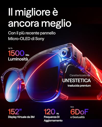 Viture Luma Ultra Occhiali Xr, Display Ultra Nitido 152'', 6Dof, Gestualità Ar, Campo Visivo 52°, 1500 Nits, Per Iphone 17/16/15, Android, Mac, Pc, Switch E Switch 2, Conversione 2D-3D Tempo Reale - 2