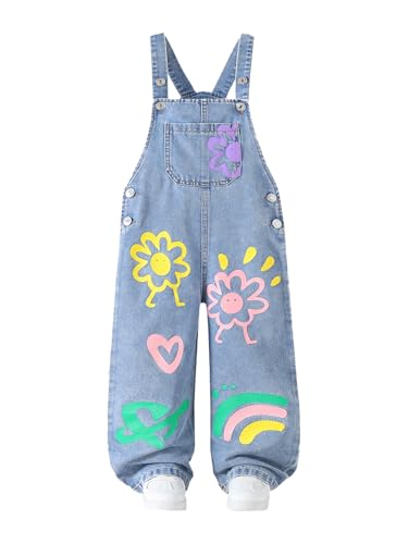 Girls Cute Suspenders 2025 Spring Summer Autumn Fashion New Kid Funny Flower Offset Print Thin Denim Long Jumpsuit (US, Age, 8 Years, Blue)