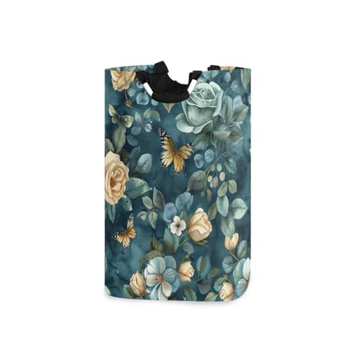 Jihqo Laundry Hamper Basket Watercolor Floral Cyan Collapsible Nursery Storage Bin Waterproof Clothing Baskets for Home Bedroom Bathroom Washing Room