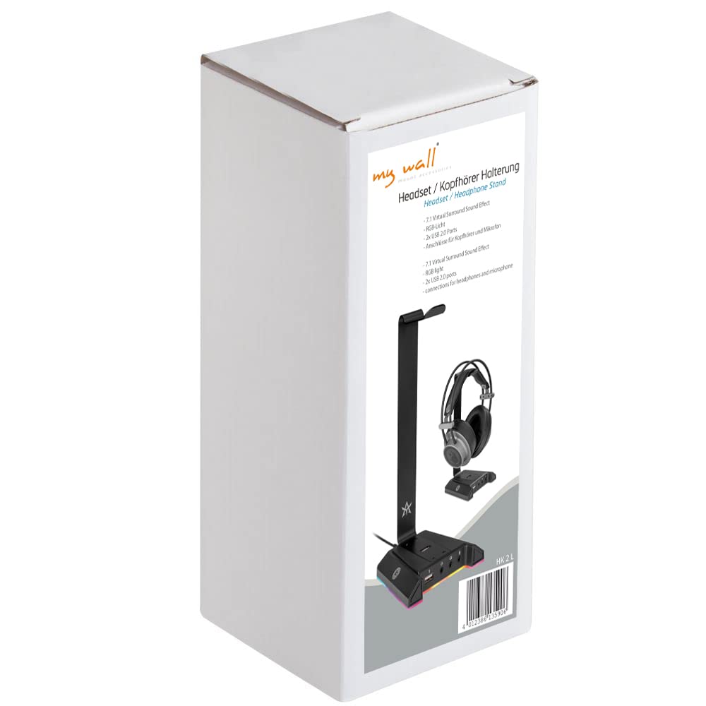 my wall HK2L - Soporte para Auriculares con Efecto de luz RGB y Efecto Envolvente Virtual 7.1, con 2 Puertos USB, Soporte para Auriculares para Juegos para Todos los Auriculares en Color Negro
