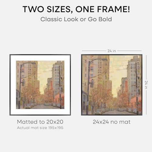 Image of Homeforia 24x24 Picture Frame Black, High End Metal 24 x 24 Large Square Poster Frame Matted to 20 x 20 in Photo, 24by24 Thin Black Frames with Mat 20x20 inch Print, Tempered Glass, Wall Kit, Set of 1