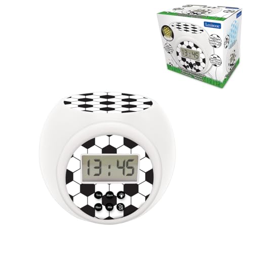 Lexibook Projector-Wecker Fußball mit Schlummerfunktion und Weckfunktion, Nachtlicht mit Timer, LCD-Bildschirm, Batteriebetrieb, weiß/schwarz, RL977FO
