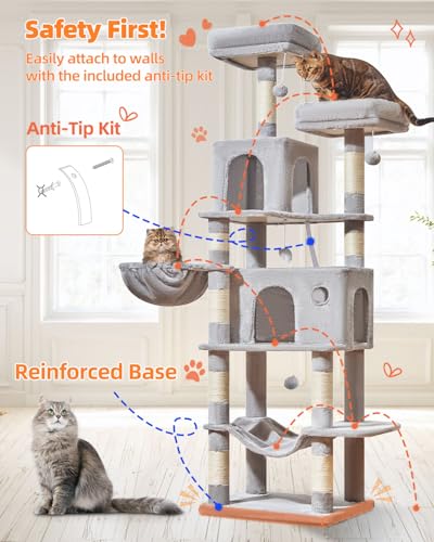 Image of Taoqimiao Large Cat Tree, 73 in Tall Cat Tower with 2 Plush Big Cat Condos | 9 Scratching Posts, 2 Top Perches, Cozy Hammock & Basket, Indoor Cats, 2 Pompoms & Mouse Toy, Light Gray, MS013XLW