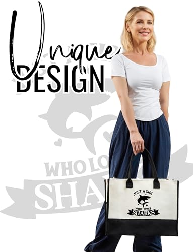 Image of InnoBeta Shark Lover Gifts Canvas Tote Bag, Shark Gift for Women,Girl, Just a Girl Who Loves Shark Bag with Top Zipper Closure and Shoulder Strap for Birthday, Christmas