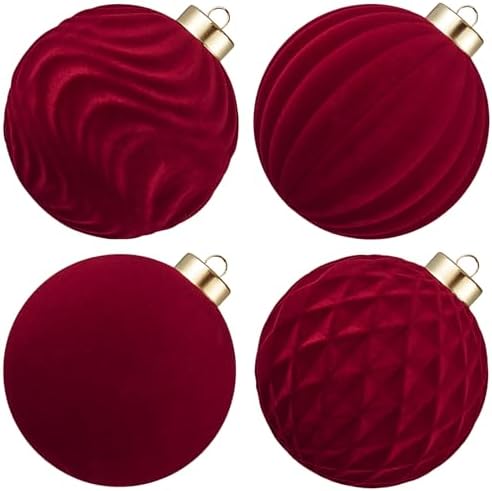 Large Velvet Christmas Ball Ornaments - 4 Inch Flocked Christmas Balls Shatterproof Decorative Hanging Ornaments Set for Xmas Tree Holiday Wedding Party Decor (Burgundy, 4pcs)