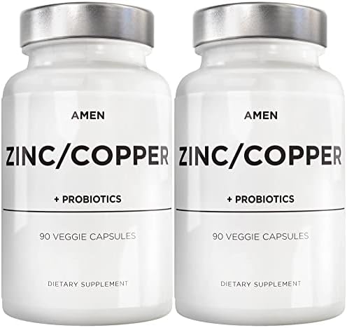 Amen Zinc & Copper Supplement + Probiotics, 3 Months Supply, One Per Day - 50 mg Zinc Picolinate Vitamin Pills - Essential Minerals Supplements – 2 Billion CFUs Probiotic – Vegan, Non-GMO - Pack of 2