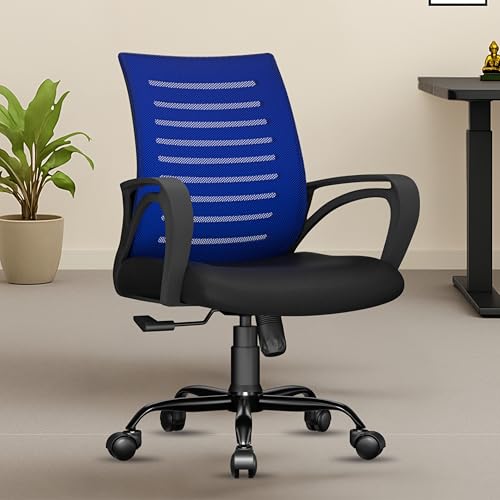 Image of beAAtho Verona Mesh Mid Back Ergonomic Home Office Chair with 3-Years Limited Warranty, Tilting & Height Adjustable Mechanism, Heavy Duty Metal Base Ideal for Office Work & Study (Blue)