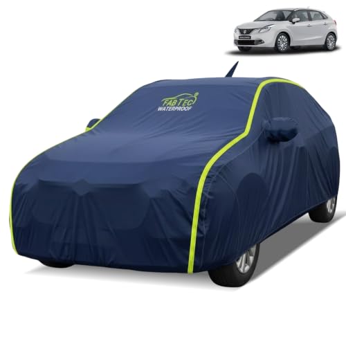 Image of FABTEC Waterproof Car Body Cover for Maruti Baleno Outdoor /Indoor All Weather Protection with Mirror & Antenna Pocket Triple Stitched (Premium Navy Blue with Neon Piping)