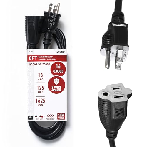 iWork 6ft Black Extension Cord, 16/3 SJTW Heavy-Duty, 3-Prong Grounded Plug, Weather-Resistant Power Strip Cable, UL Listed, 13 Amp/1625 Watt Capacity, 6-Foot Extension Cords for Indoor & Outdoor Use