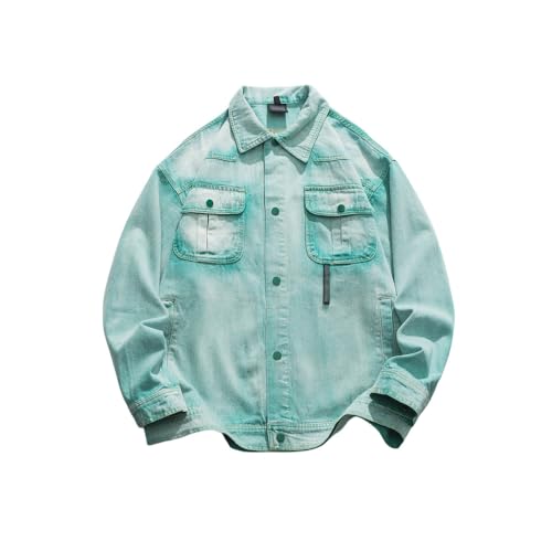 SAWEEZ Mens Trucker Denim Jacket, Trendy Washed Jeansjacke Green Western Denim Jacket With Pockets Button Down Denim Biker Jacket Oversize Casual Outerwear Top,M