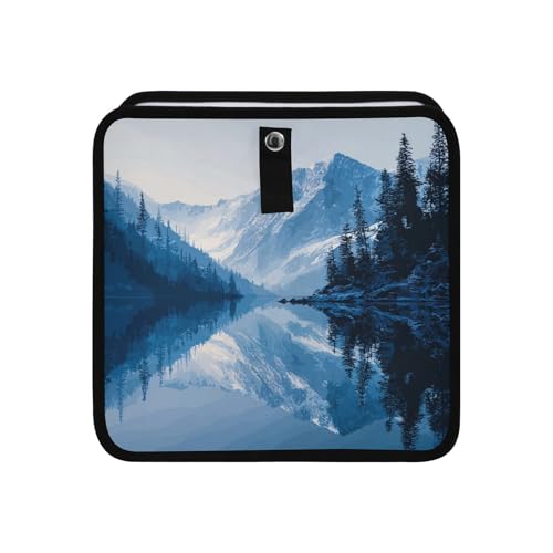 Image of Car Trash Can Organizer Bin with Adjustable Strap for Back Front Seat Console Waterproof Leakproof Collapsible Portable 11 Inch Winter Blue Mountain and Mirrored Lake
