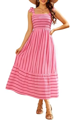 Image of Pinup Fashion Plus Size Summer Sun Smocked Eyelet Tie Straps Midi Dress | Adjustable tie straps, square neck, high waist, flowy tiered A-line, perfect for casual beach, holiday vacation, photoshoot