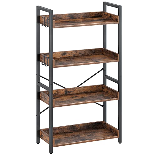 Rolanstar Bookshelf 4 Tier with 4 Hooks, Industrial Wood Bookcase,