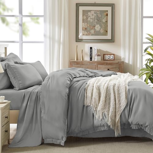 Image of Andency Queen Comforter Set with Sheets Medium Grey - 7 Pieces Boho Tassel Bed in a Bag Soft Lightweight Bedding Sets, Fringe Bed Set with Comforter, Sheets, Pillowcases & Shams