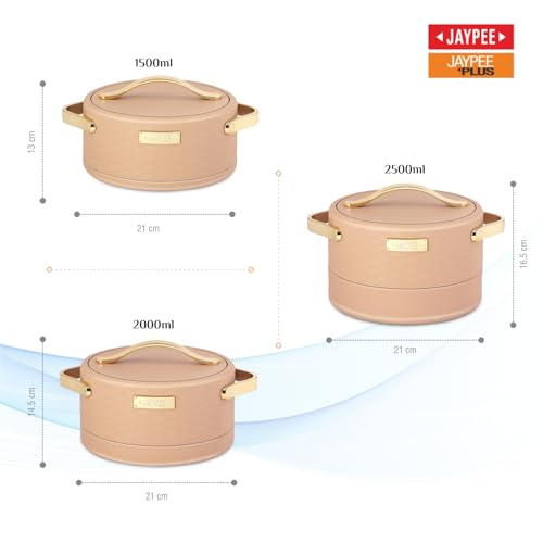 Image of JAYPEE Luxura Inner Stainless Steel Serving Casserole Set of 3 Elegance Unique Design PU Insulated 100% Food Grade with Lockable Lid, Chrome Plated Handle Hot Case |1500, 2000, 2500 ml, Brown