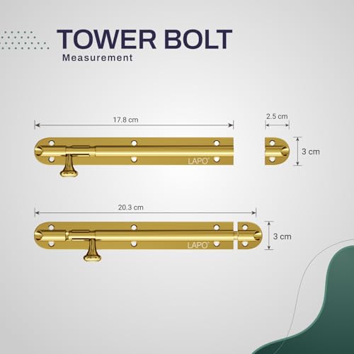 Image of LAPO 8 Inch Aluminium Tower Bolt for Main Door, Bathroom & Bedroom, Reliable Door Latch Sturdy Chitakni Latch with Fittings (Gold Finish, Pack of 1)