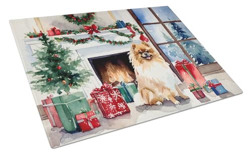 Caroline's Treasures DAC2722LCB Pomeranian Cozy Christmas Glass Cutting Board Large Decorative Tempered Glass Kitchen Cutting and Serving Board Large Size Chopping Board