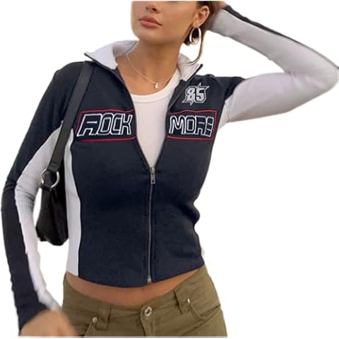 Geagodelia Y2K Zip Up Jacket Women Vintage Grunge Aesthetic Track Jacket Tight Slim Fit 90s Casual Track Top Blokecore Fashion Outwear Clothes (A-Black, M) Cover